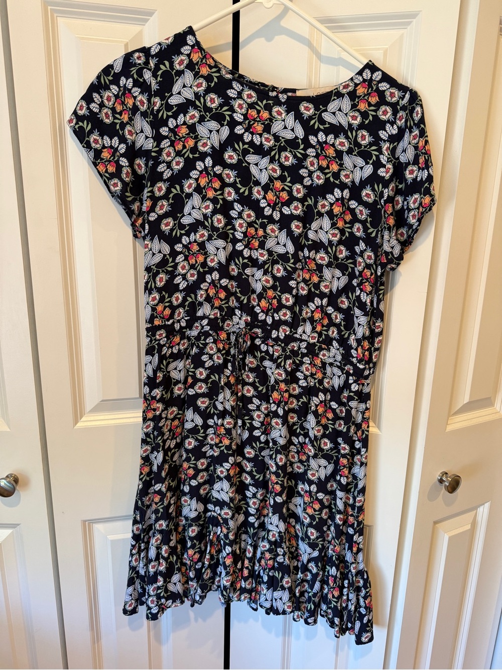 LOFT Navy Floral Drawstring Casual Dress with Pink and White Flowers